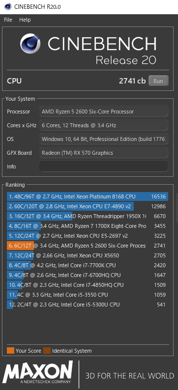 CPU Ryzen5 2600　GPU RX570のベンチマークテスト cinebench