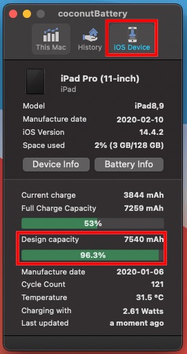 coconutBattery iPad Pro バッテリーの劣化度　調べる