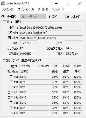 core i9 9900k ベンチマーク　温度