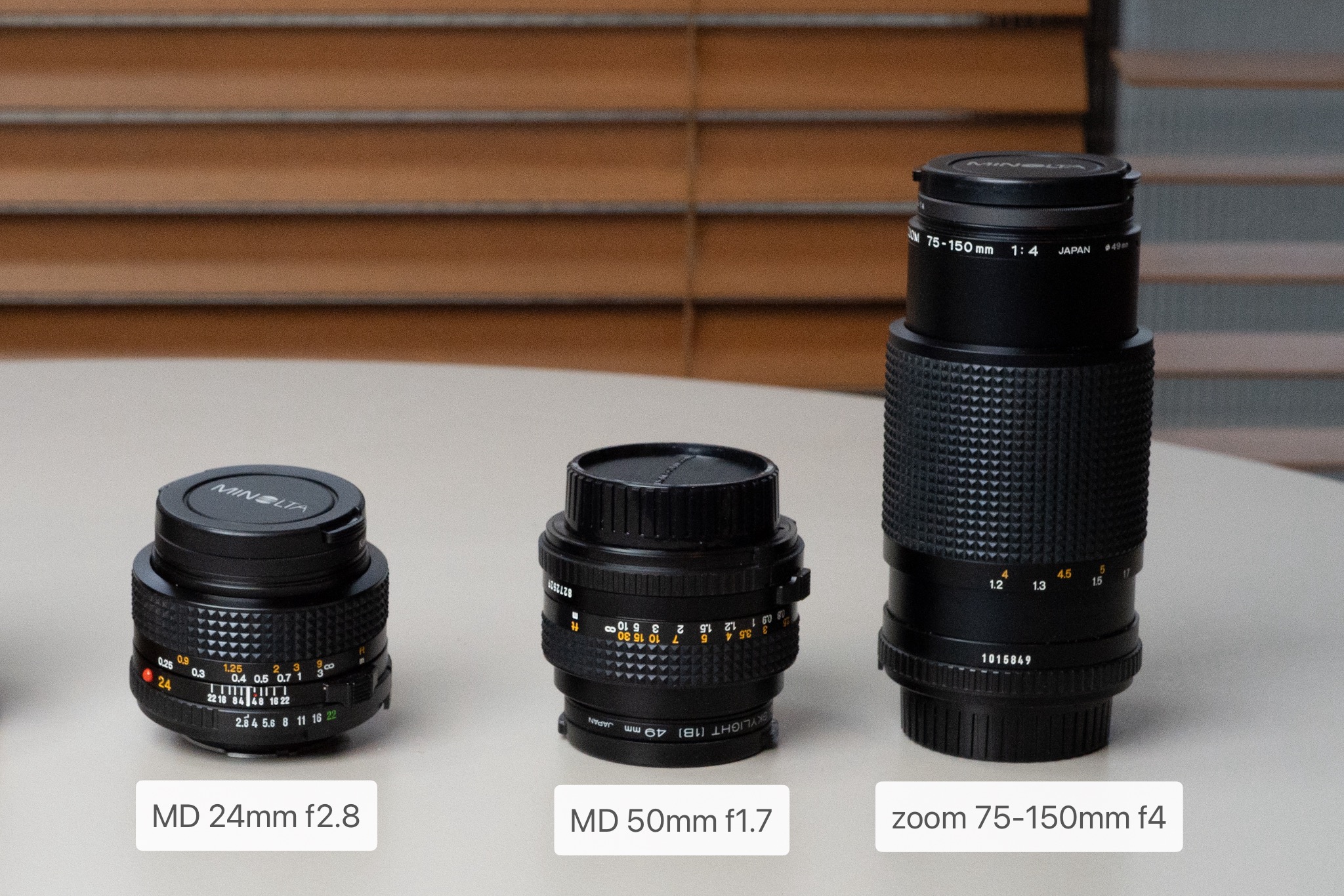 MINOLTA MD 24mm f2.8、MD 50mm f1.7、75mm-150mm